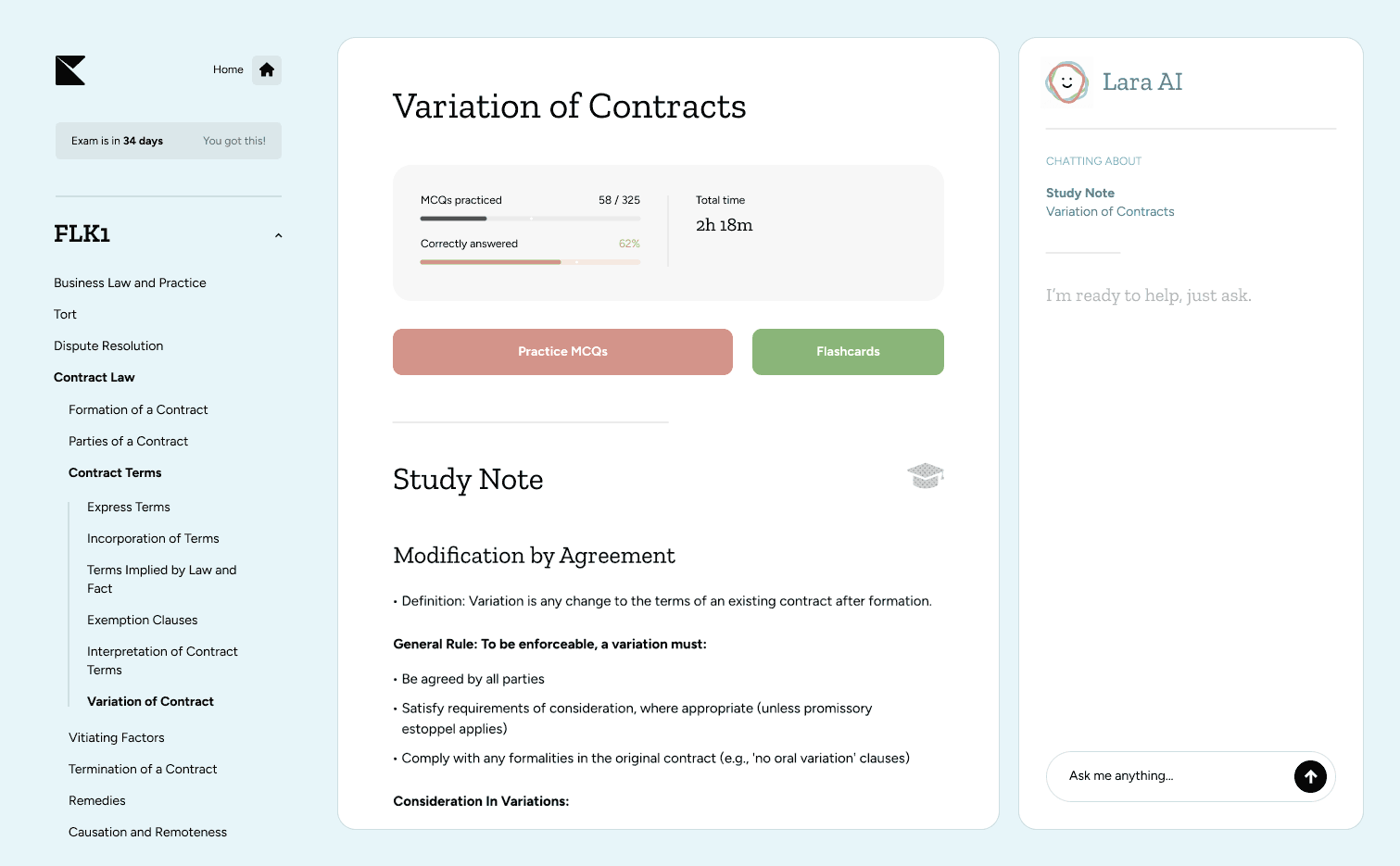 Kinnu study notes interface
